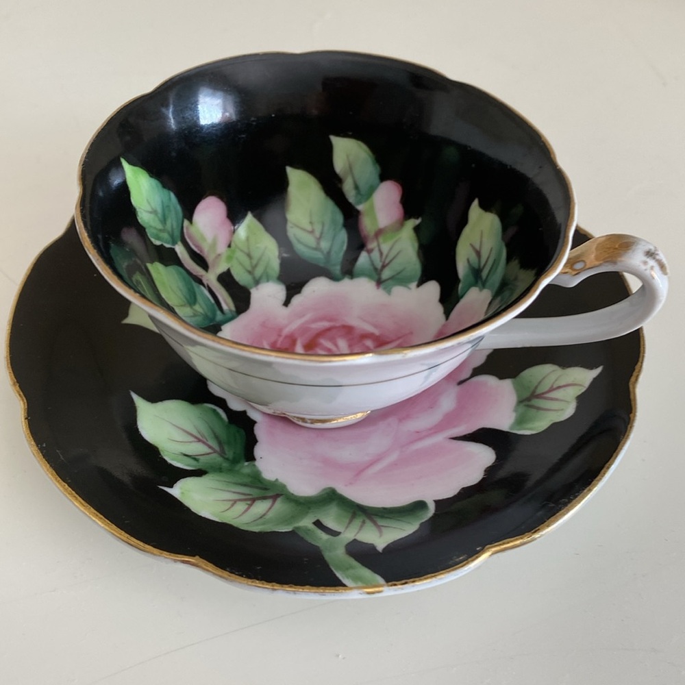 VTG GZL LEFTON HAND PAINTED PINK CABBAGE ROSE TEACUP AND SAUCER OCCUPIED JAPAN